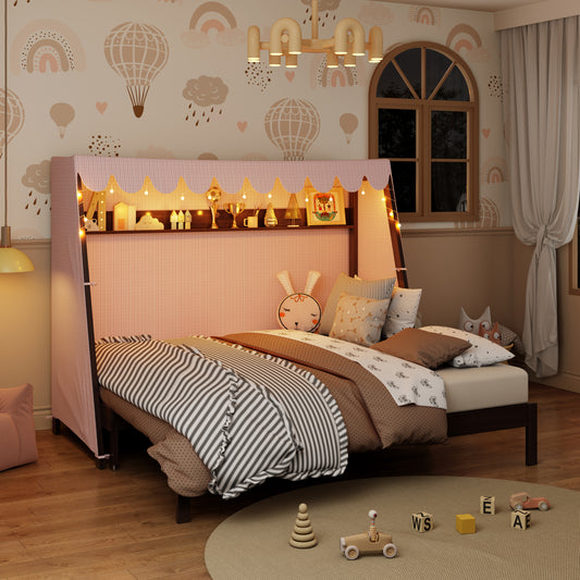 Twin XL House Bed with Twin XL Trundle, Shelf, Tent and Light, Espresso image 1