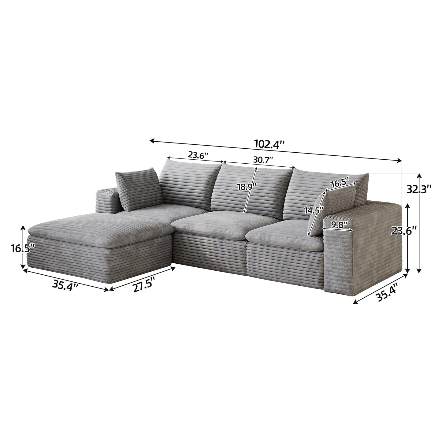 102" Cloud Sofa,Corduroy Fabric,Deep Seat Couches,Double-layer design,Removable Cushion,No Assembly, DIY Combination for Living room, Bedroom,Conference room,Apartment,Grey image 7