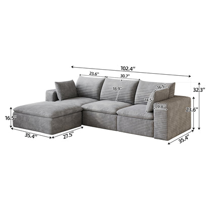 102" Cloud Sofa,Corduroy Fabric,Deep Seat Couches,Double-layer design,Removable Cushion,No Assembly, DIY Combination for Living room, Bedroom,Conference room,Apartment,Grey image 7