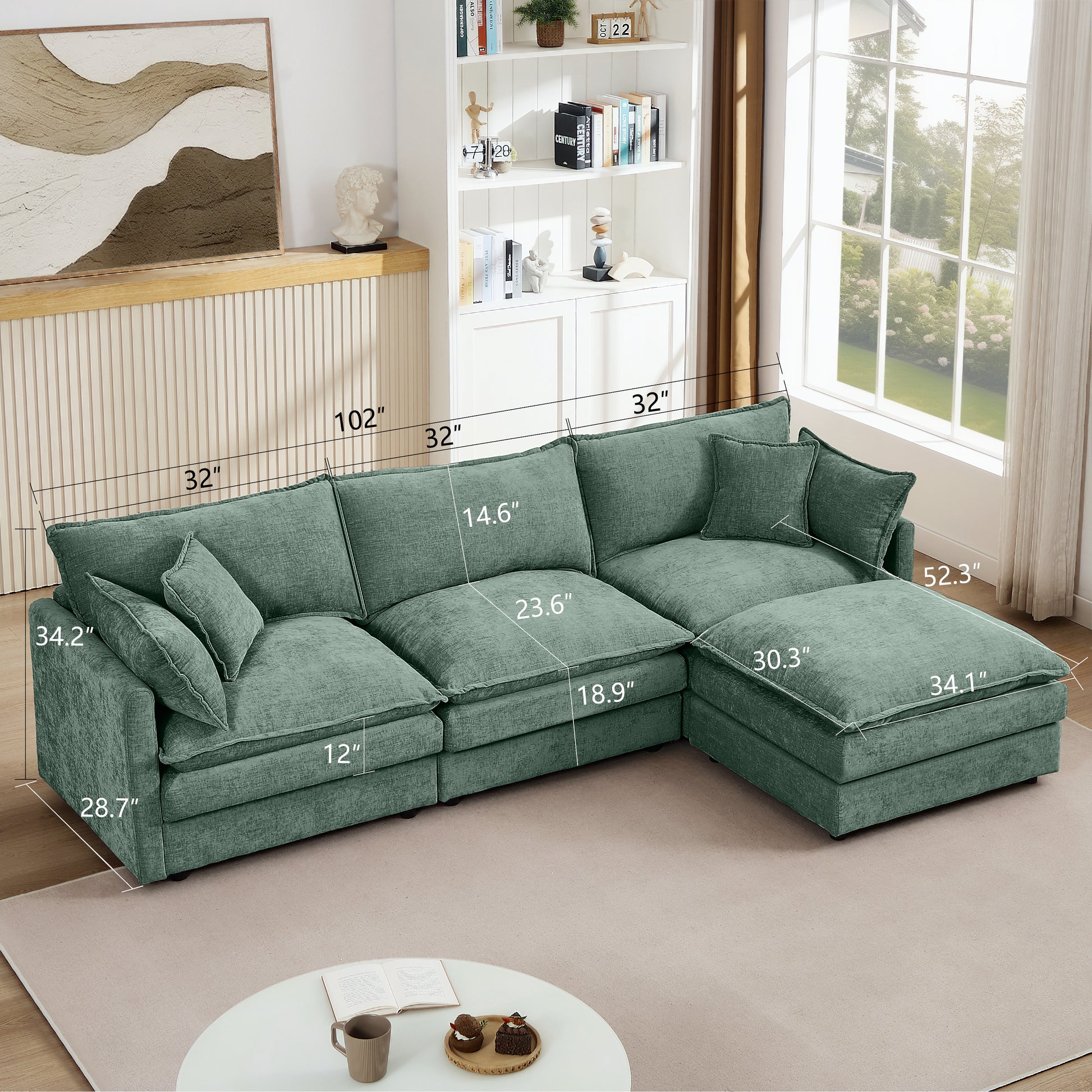 Modular Sectional Sofa, 102 Inch L Shaped Couch Set for Living Room, 3-Seater Comfy Cloud Couches with Movable Ottoman, DIY Combination, Chenille, Mint Green image 11