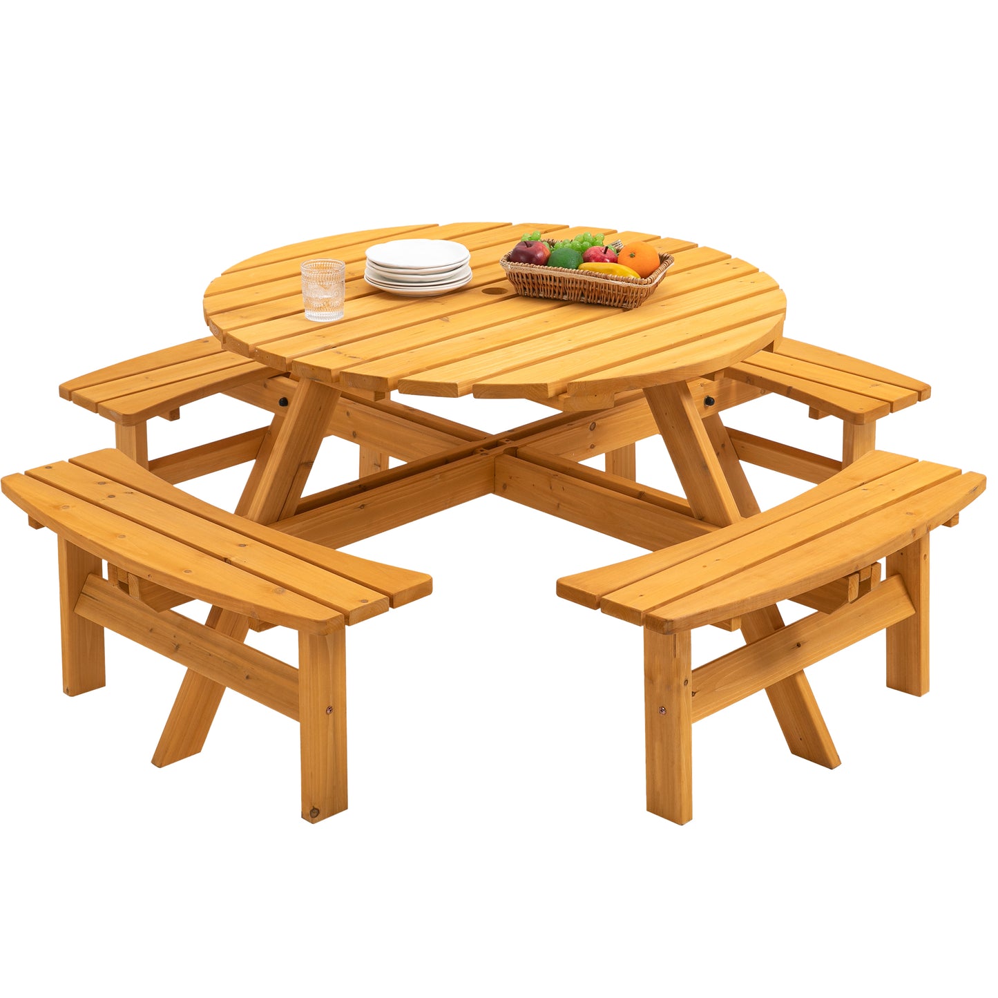 8 Person Wooden Picnic Table, Outdoor Camping Dining Table with Seat, Garden, DIY w/ 4 Built-in Benches, 2220lb Capacity - Natural image 1
