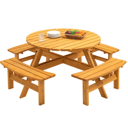 8 Person Wooden Picnic Table, Outdoor Camping Dining Table with Seat, Garden, DIY w/ 4 Built-in Benches, 2220lb Capacity - Natural image 1