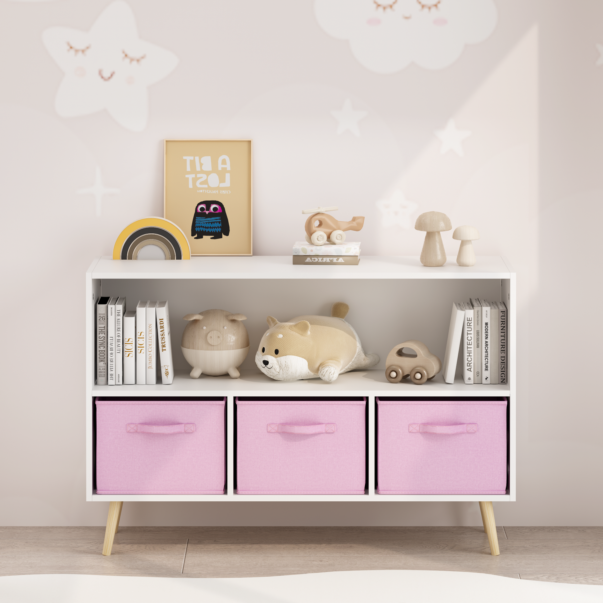 Kids bookcase with Collapsible Fabric Drawers, Children's Book Display, Toy Storage Cabinet Organizer, White/Pink image 2