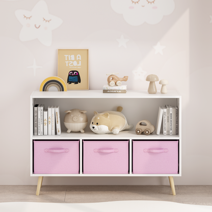 Kids bookcase with Collapsible Fabric Drawers, Children's Book Display, Toy Storage Cabinet Organizer, White/Pink image 2