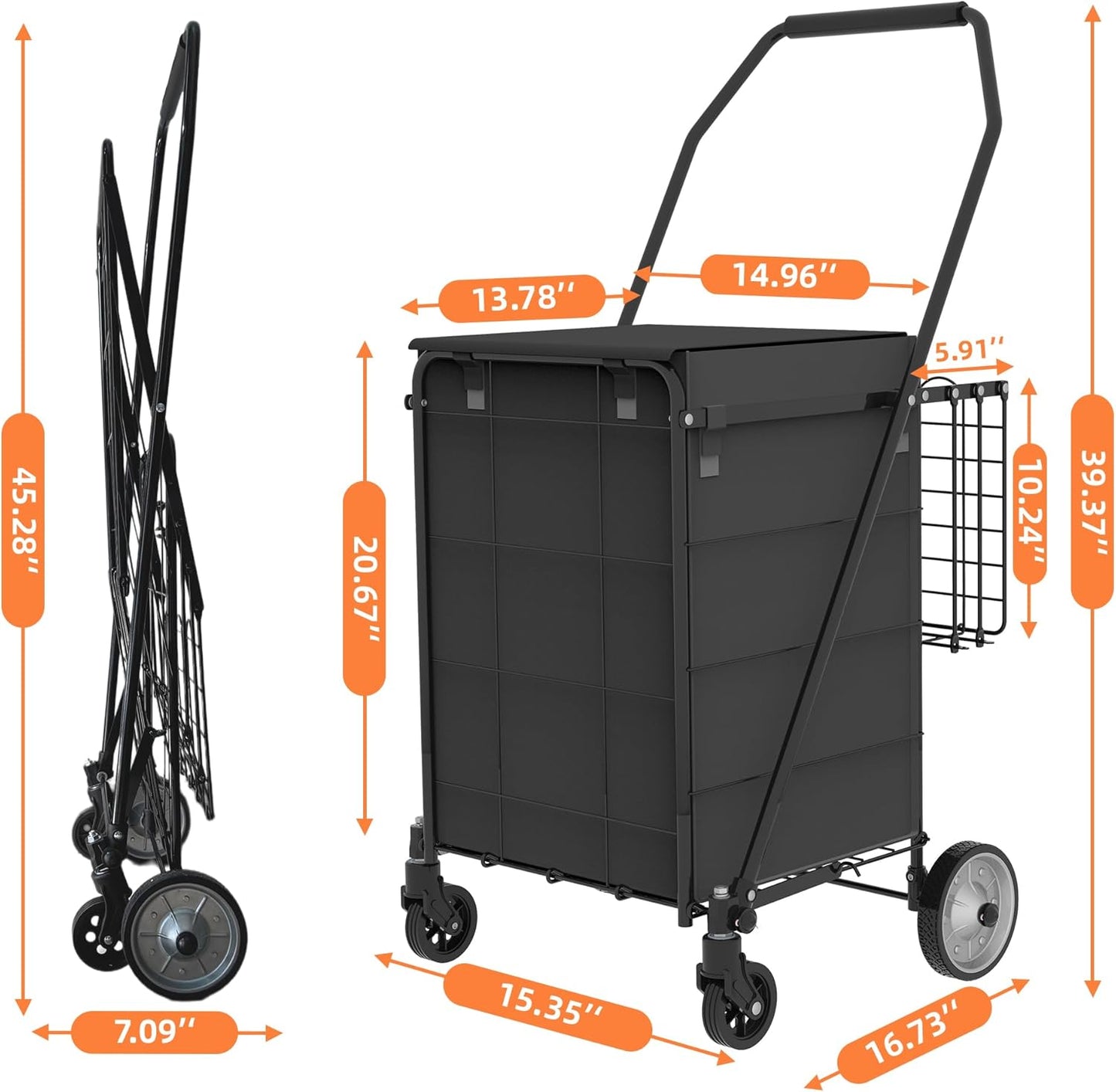 Shopping Cart Grocery Cart on Wheels - Waterproof Bag Included, 10-min Assembly Utility Wagon, Lightweight Shopping Cart with 360° Swivel Wheels for Grocery, Apartments, Laundry, Max Load 100 lbs image 7