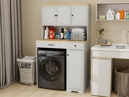 Over the Washer, Dryer and Robot Vacuum Storage Cabinet suitable for Compact Washing Machines, Laundry Room Storage Organizer with 1 Laundry Basket, 1 Drawer and 2 Adjustable Shelves-Antique White image 11
