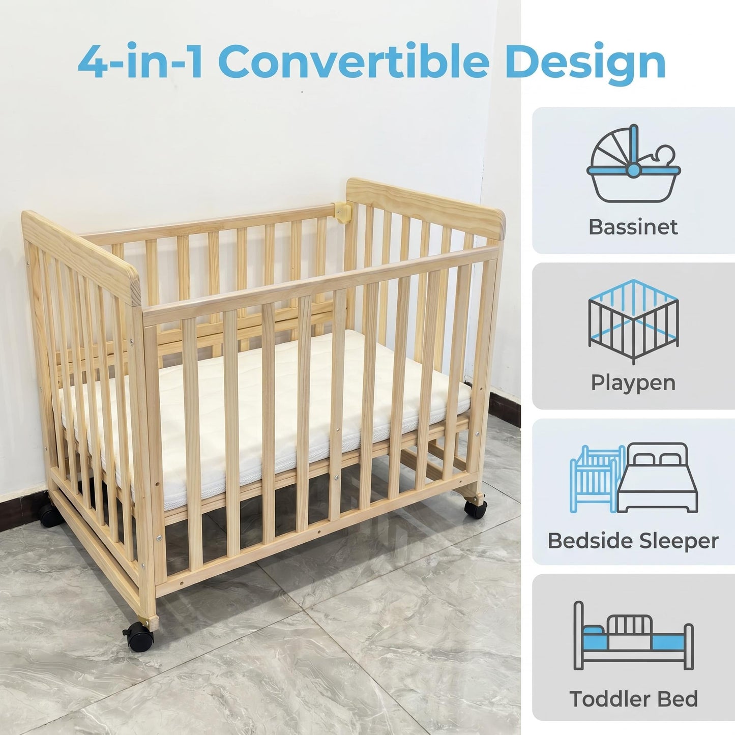 Baby Bassinets Bedside Sleeper - Portable Pine Wood Bedside Bassinet,3 Heights Small Mini Crib with Mattress 1.97 - 2.2in,Space-Saving Design Baby Crib for Newborns 0-36 Months image 4