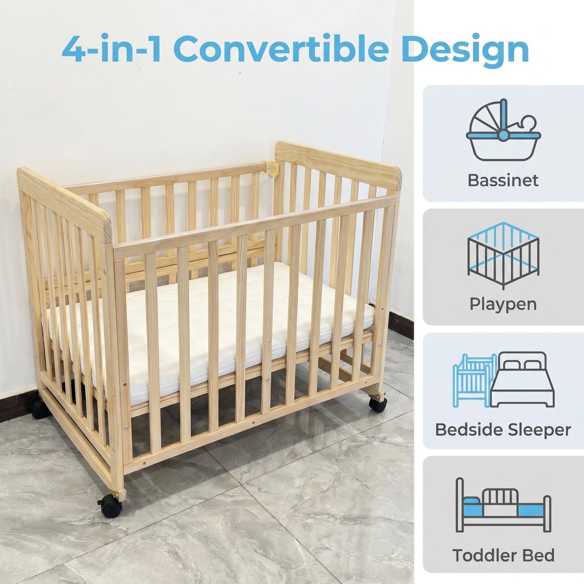 Baby Bassinets Bedside Sleeper - Portable Pine Wood Bedside Bassinet,3 Heights Small Mini Crib with Mattress 1.97 - 2.2in,Space-Saving Design Baby Crib for Newborns 0-36 Months image 4