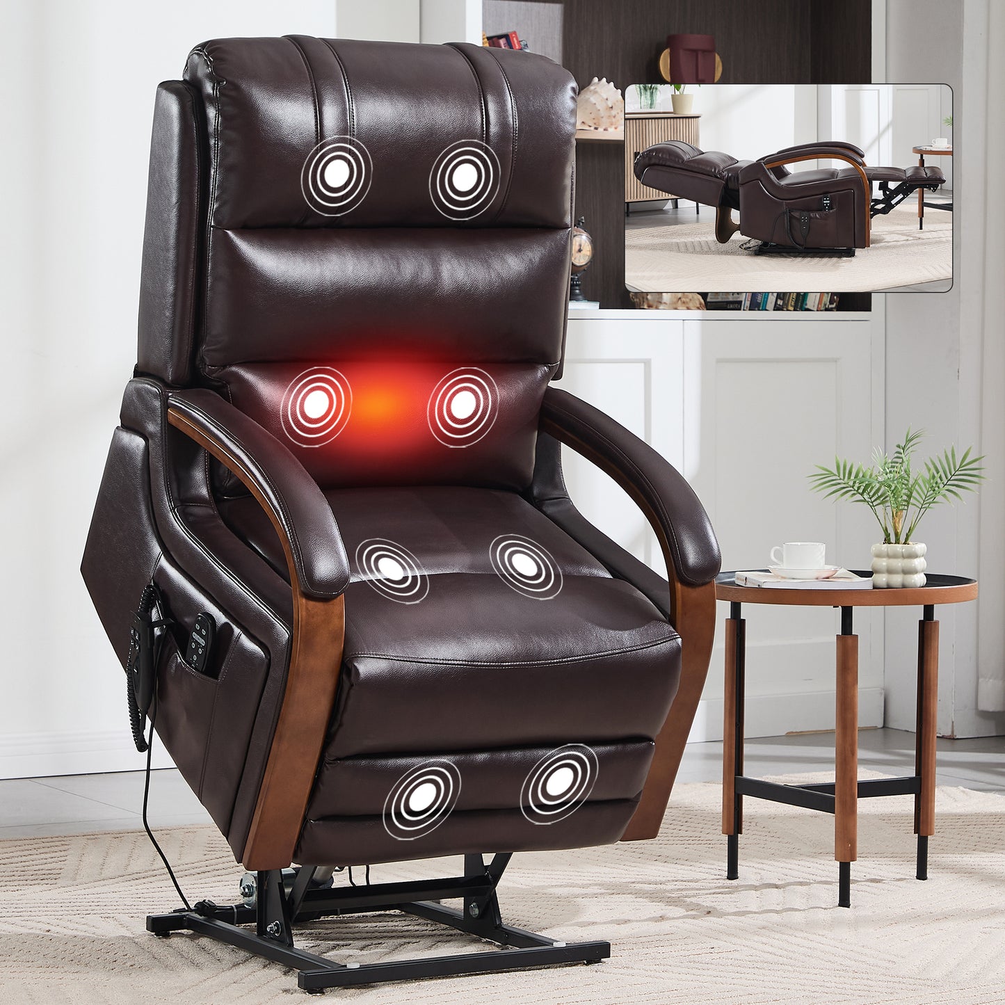Power Brown Leatheraire Lift Recliner Chair Dual Motor Infinite Position Up to 350 LBS with Solid Wood Armrests, Heat Massage and Heavy Duty Motion Mechanism image 11