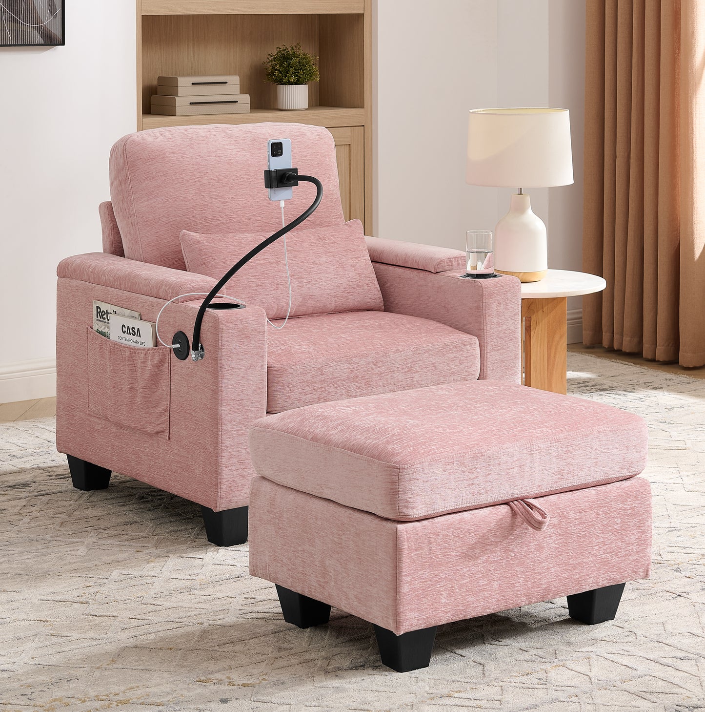 Single sofa recliner with manually adjustable backrest, USB charging port on the armrest side, phone stand included, hidden armrest storage, and a matching storage ottoman-Pink image 1