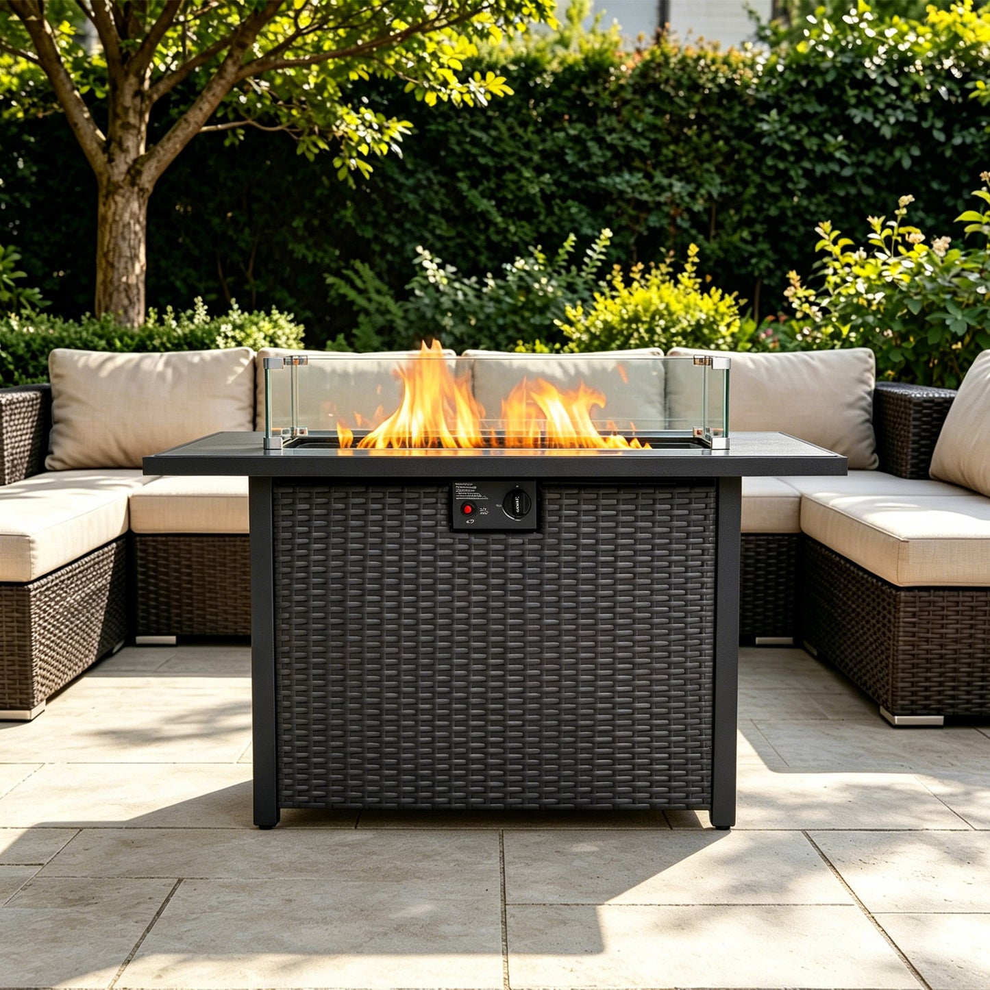 44 Inch 50000 BTU Propane Fire Pit Table, 2-in-1 Rectangular Fire Pit Outdoor Patio Heater Table with Glass Wind Guard for Backyard Garden Gathering image 1