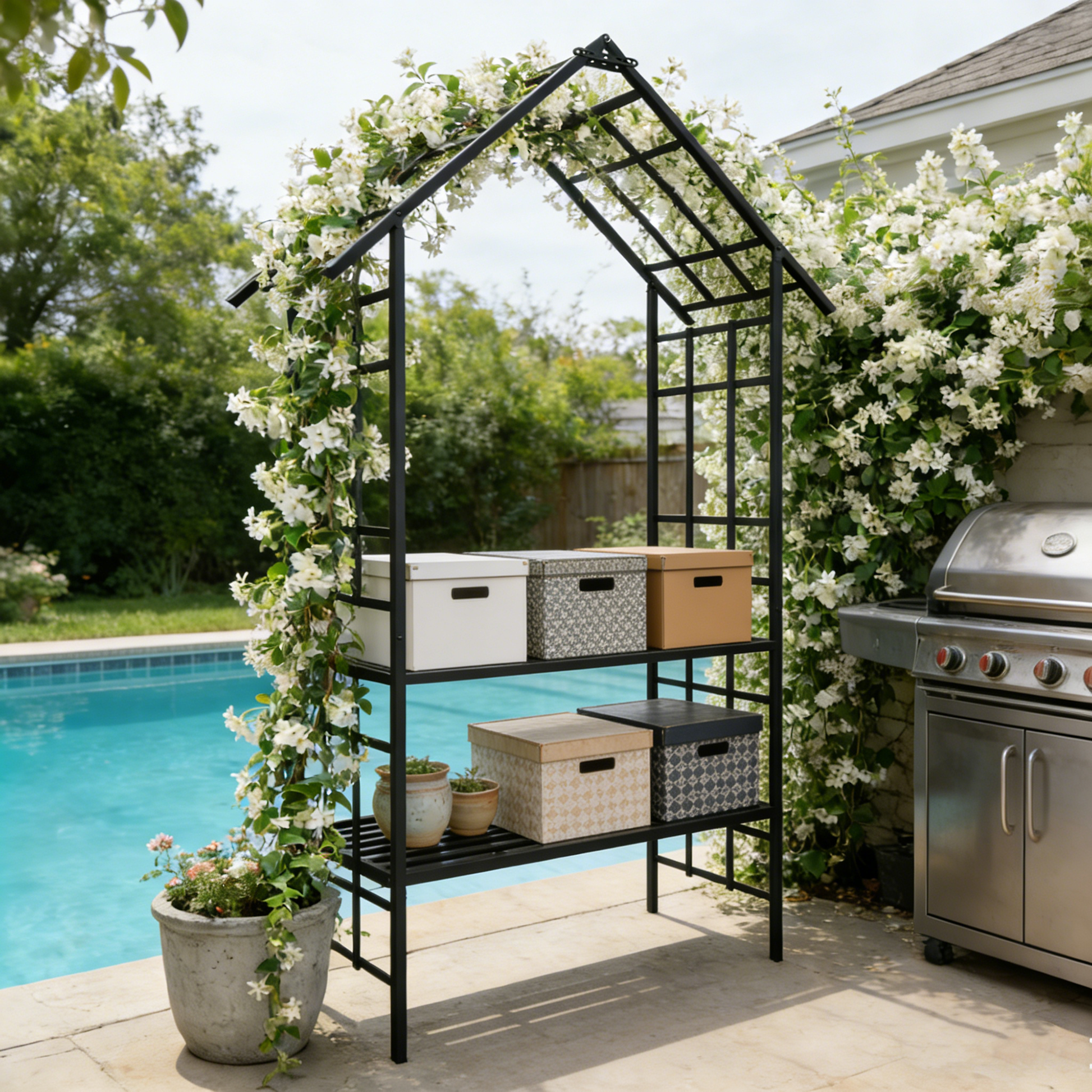 Metal Garden Arch with Bench Turned into Flower Stand W58.07*H97.24 Climbing Plants Support Rose Arch Outdoor Black image 5