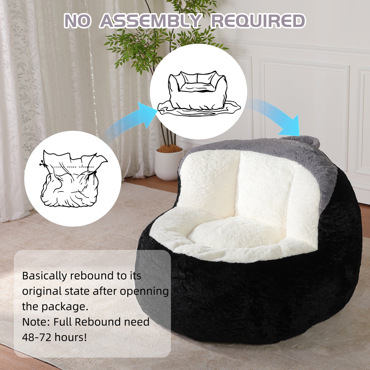 Oversized Bean Bag Chairs,Multicolor Faux Fur Couch Filled with Shredded Sponge,Large Lounger Sofa For Living Room,No Assembly Required, Black+White+Grey image 9
