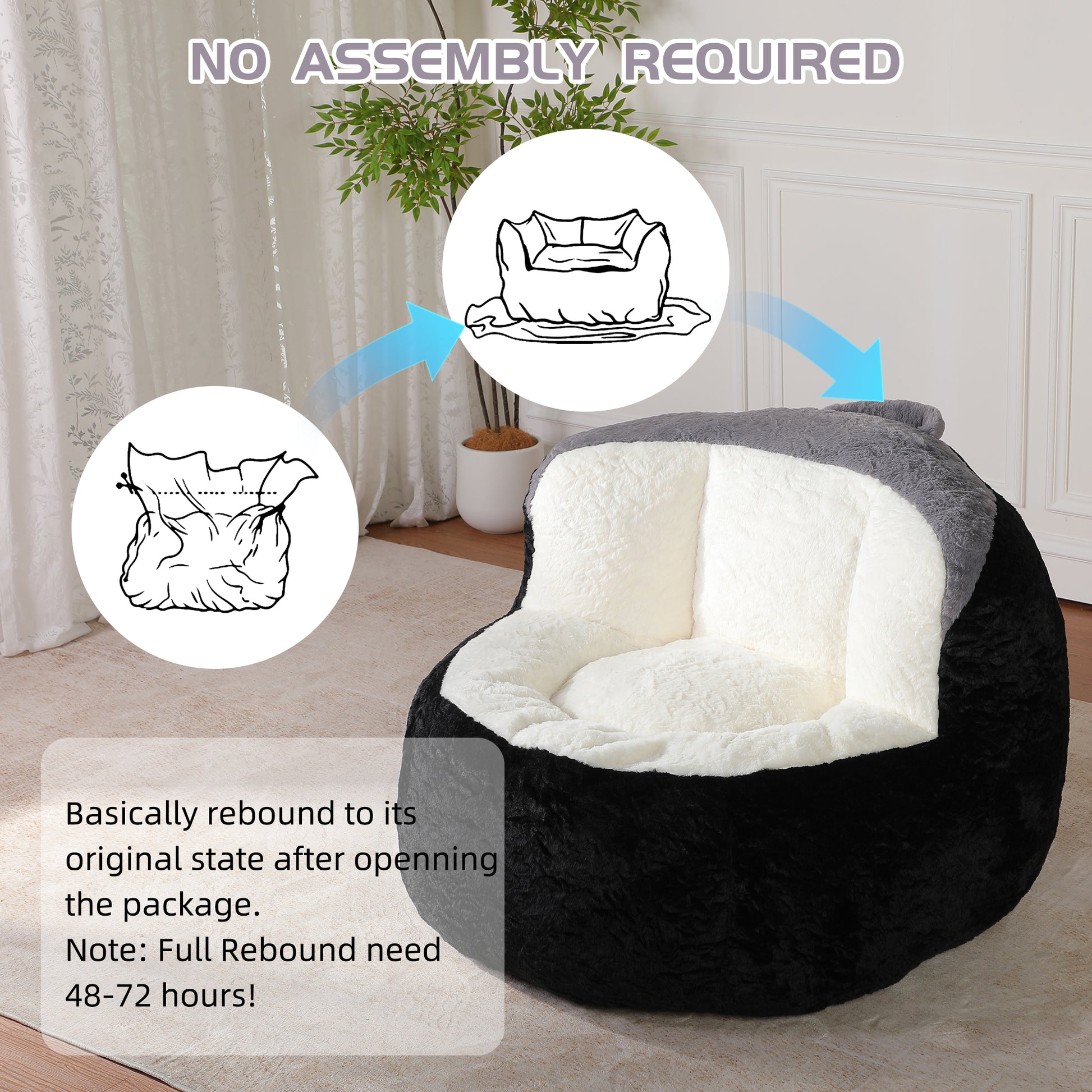 Oversized Bean Bag Chairs,Multicolor Faux Fur Couch Filled with Shredded Sponge,Large Lounger Sofa For Living Room,No Assembly Required, Black+White+Grey image 9
