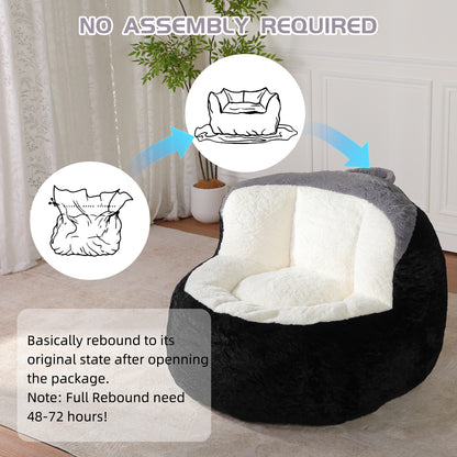 Oversized Bean Bag Chairs,Multicolor Faux Fur Couch Filled with Shredded Sponge,Large Lounger Sofa For Living Room,No Assembly Required, Black+White+Grey image 9