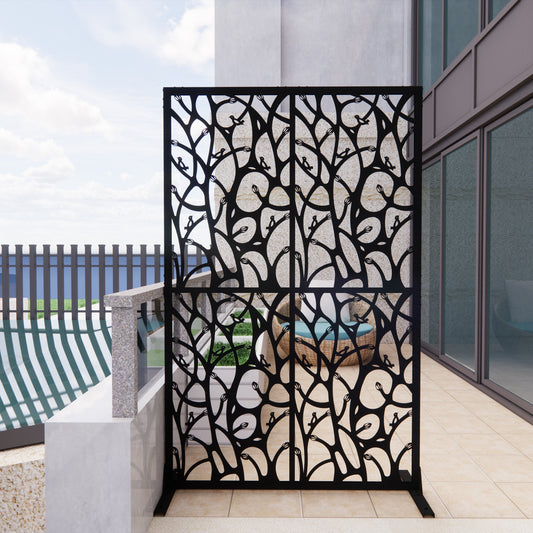 Metal privacy screen black bird shape freestanding outdoor divider full view