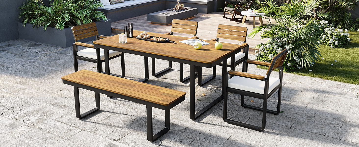 6-Piece Outdoor Dining Set, Acacia Wood, 1 Table with 4 Chairs & 1 Bench for 6-7 Person, Comfortable Cushions on Chairs, Adjustable Feet, for Patio, Garden, Backyard Dining, Beige Cushion image 11