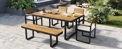6-Piece Outdoor Dining Set, Acacia Wood, 1 Table with 4 Chairs & 1 Bench for 6-7 Person, Comfortable Cushions on Chairs, Adjustable Feet, for Patio, Garden, Backyard Dining, Beige Cushion image 11