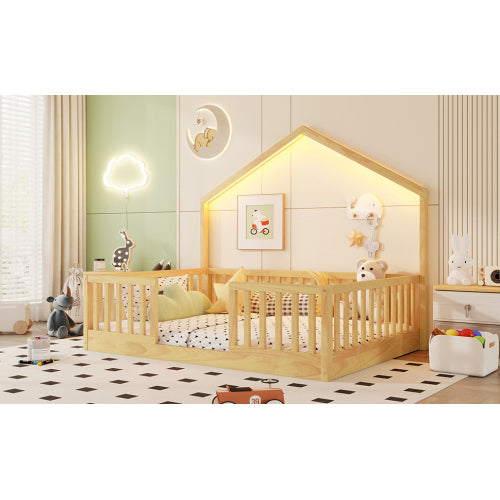 Full Floor Bed with High Rails, Wooden Montessori Bed with Light for Kids, Boys and Girls,Natural(Old SKUW2593P440609 Expect Arrival Date 2026/6/30) image 6