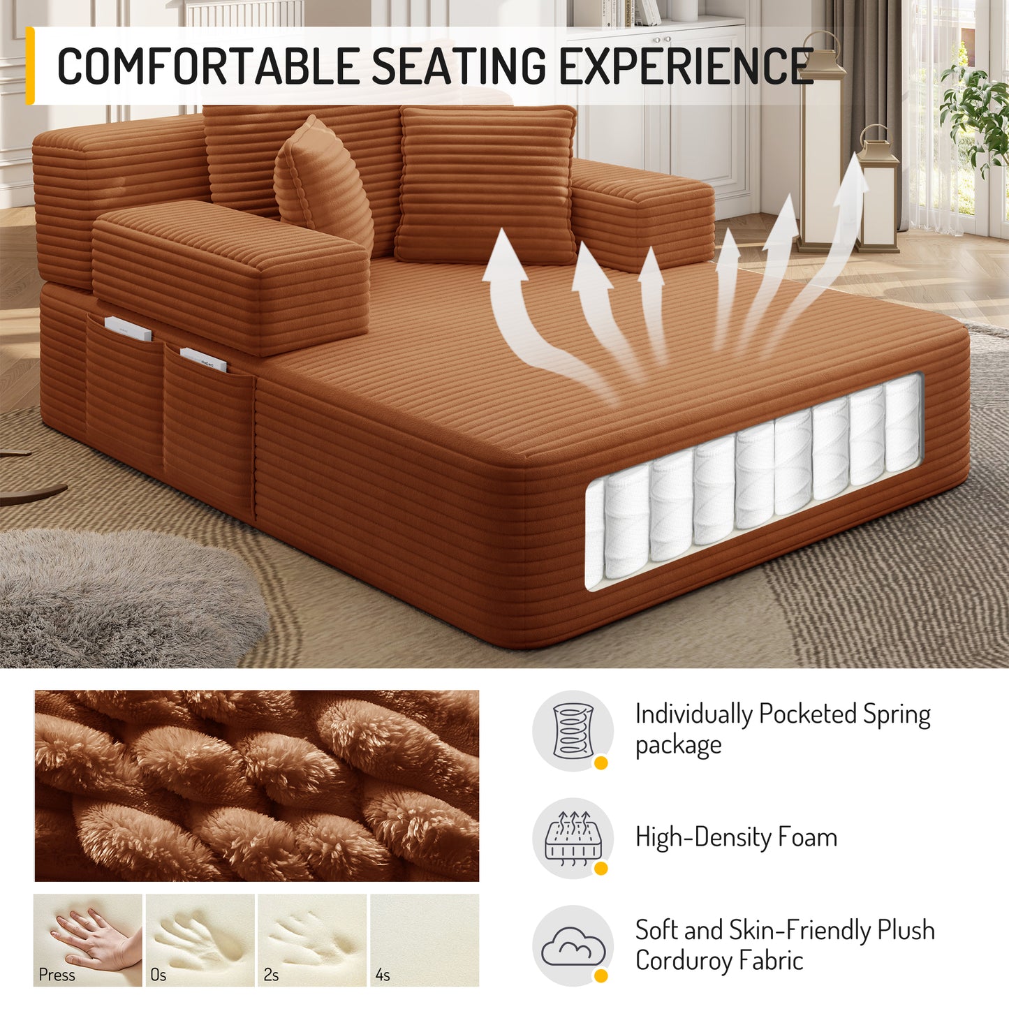 Luxurious Plush Corduroy Chaise Lounge with 3 Pillows, Convertible Sofa Bed with Storage Pocket, Frameless Design & Compression Foam for Small Spaces, Living Room, Apartment,Orange image 9