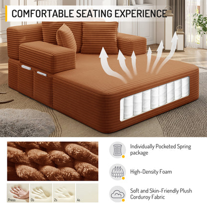 Luxurious Plush Corduroy Chaise Lounge with 3 Pillows, Convertible Sofa Bed with Storage Pocket, Frameless Design & Compression Foam for Small Spaces, Living Room, Apartment,Orange image 9