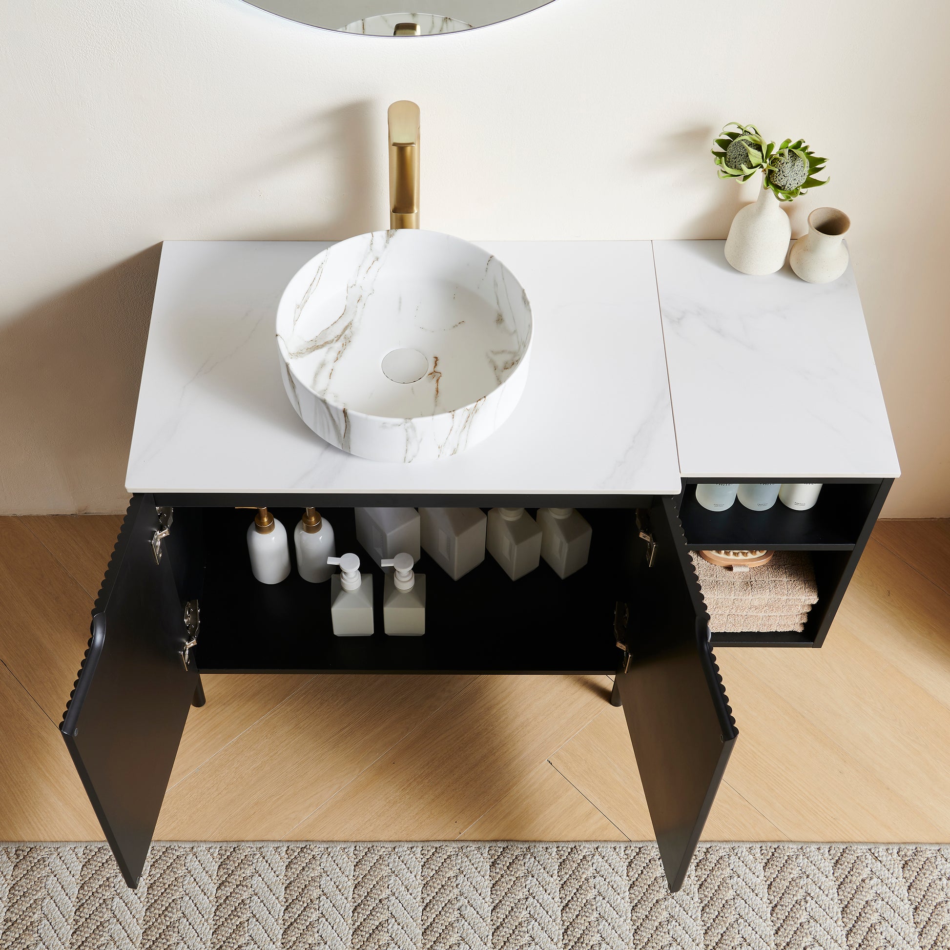 TURIO 42" Bathroom Freestanding and Wall Mounted Storage Cabinet with 2 Doors and 12" Open Shelf, One White Round Ceramic Basin with Stone Pattern and Carrara White Counter Top, No Faucet, Black Color image 2