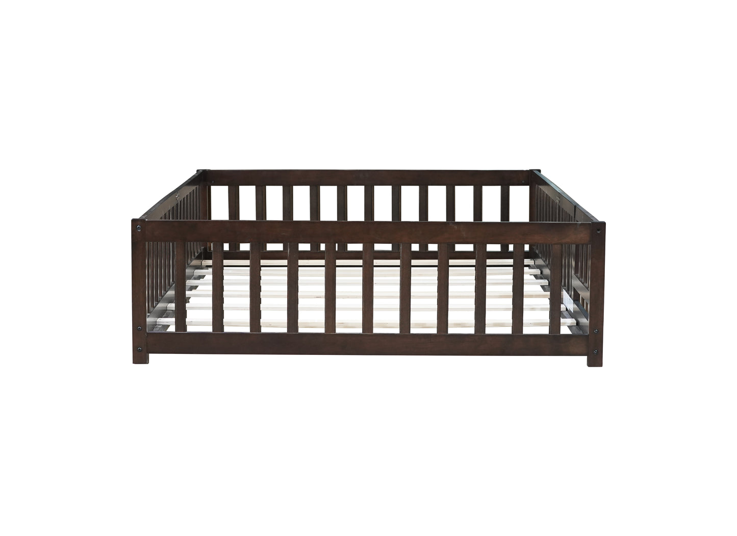 Full Size Floor Bed with Fence and Door,Rubber Wood Floor Bed with Safety Guardrails,Espresso (Old Sku W504P286381) image 4