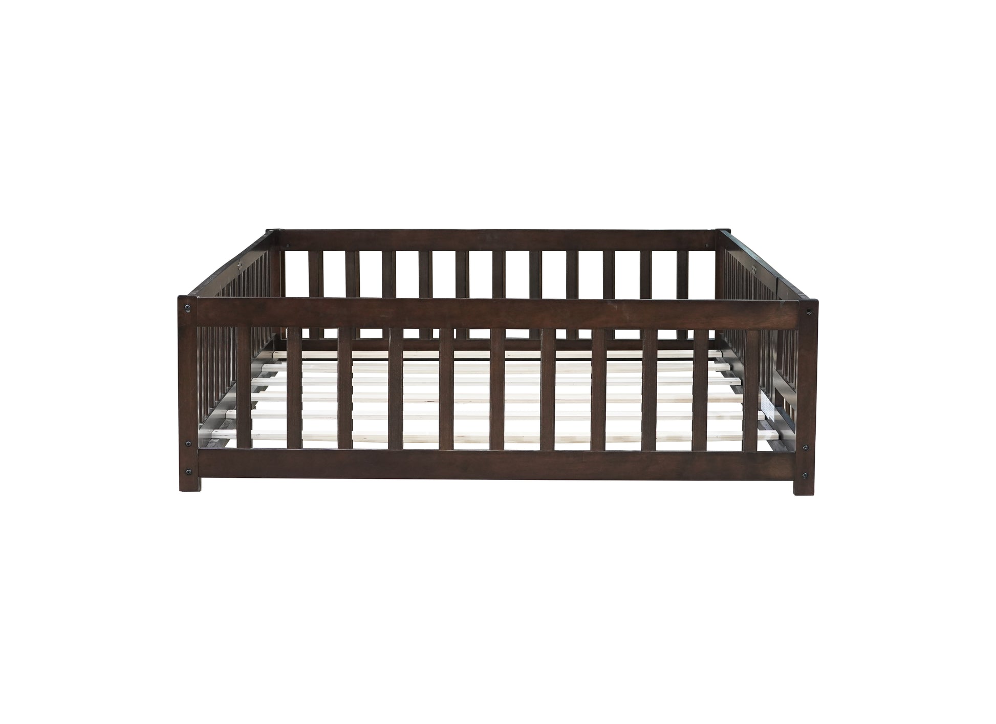 Full Size Floor Bed with Fence and Door,Rubber Wood Floor Bed with Safety Guardrails,Espresso (Old Sku W504P286381) image 4
