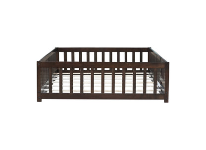 Full Size Floor Bed with Fence and Door,Rubber Wood Floor Bed with Safety Guardrails,Espresso (Old Sku W504P286381) image 4