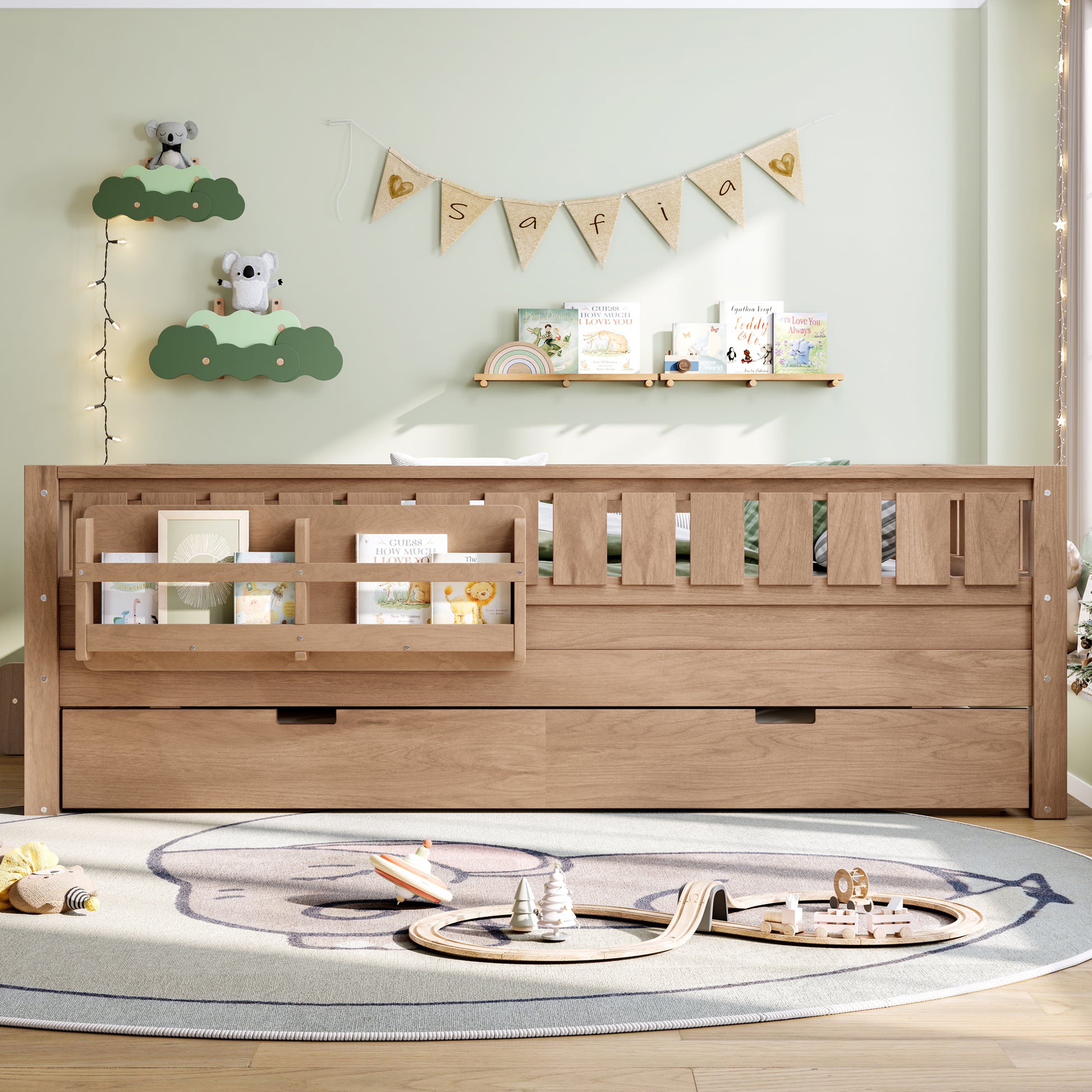 Full with built-in bookshelves and small staircase, high-quality safety rails, and Trundle,Natural image 2
