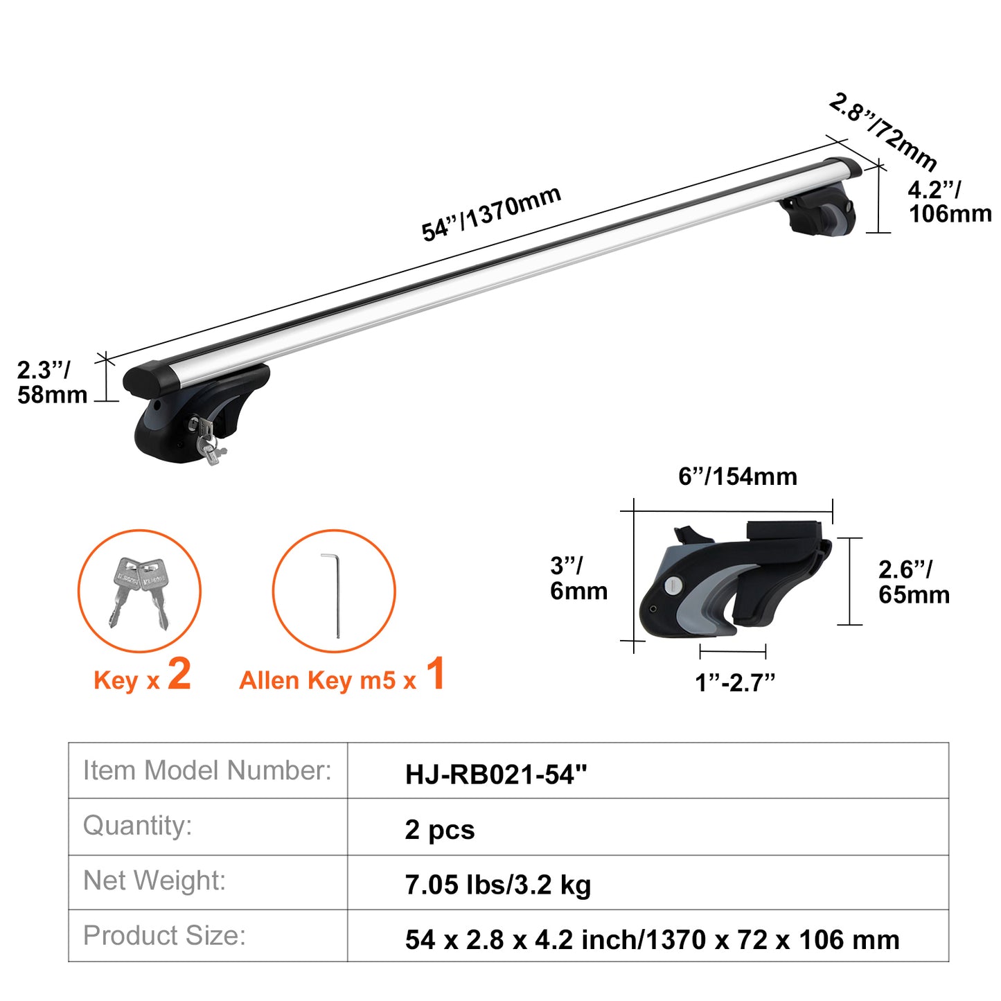 Universal Roof Rack Cross Bars, 54" Aluminum Roof Rack Crossbars, Fit Existing Raised Side Rail with Gap, 200 lbs Load Capacity, Adjustable Crossbars with Locks, for SUVs, Sedans, and Vans image 3