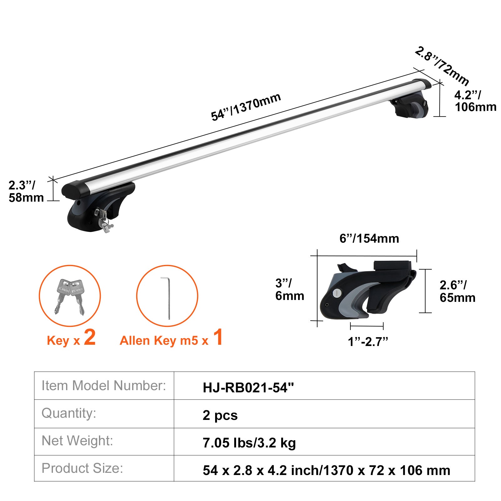 Universal Roof Rack Cross Bars, 54" Aluminum Roof Rack Crossbars, Fit Existing Raised Side Rail with Gap, 200 lbs Load Capacity, Adjustable Crossbars with Locks, for SUVs, Sedans, and Vans image 3