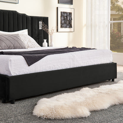 King Size Upholstered Bed Frame with Velvet Fabric, Vertical Stripe Design with Buttons Around King Size Platform Bed with Headboard, Solid Frame & Bedside Table - No Box Spring Needed-Black image 8