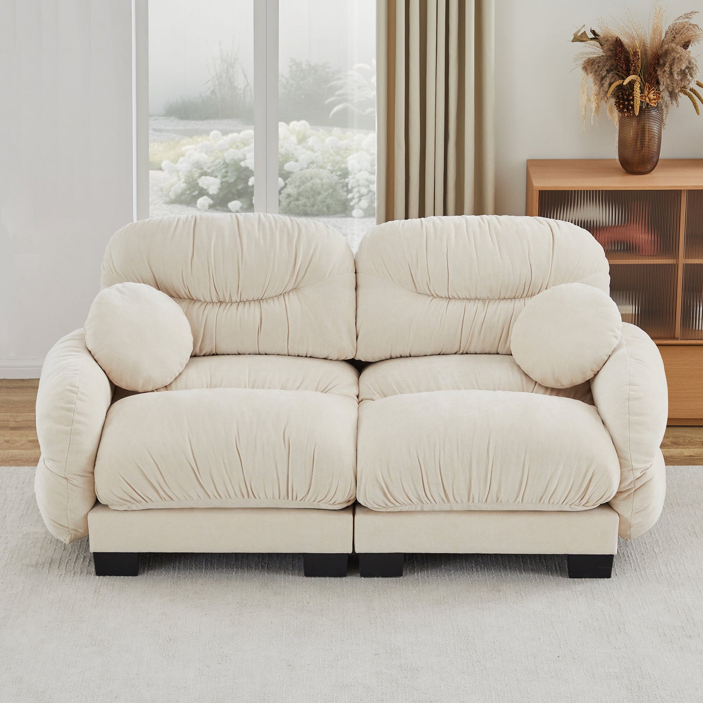 Pleated Design Cozy Chenille Fabric 2 Seater Modular Sofa with High-Density Ergonomic Foam Seat, Curved Round Armrests and 2 Round Throw Pillows,Beige image 3