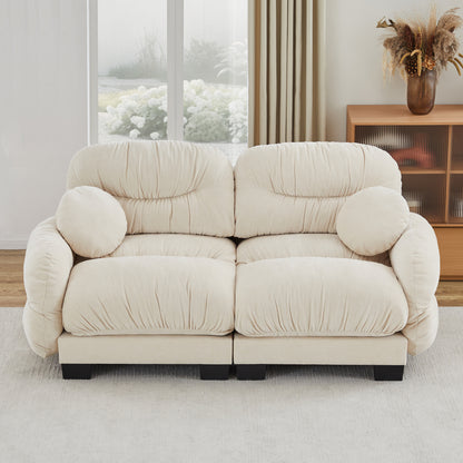 Pleated Design Cozy Chenille Fabric 2 Seater Modular Sofa with High-Density Ergonomic Foam Seat, Curved Round Armrests and 2 Round Throw Pillows,Beige image 3