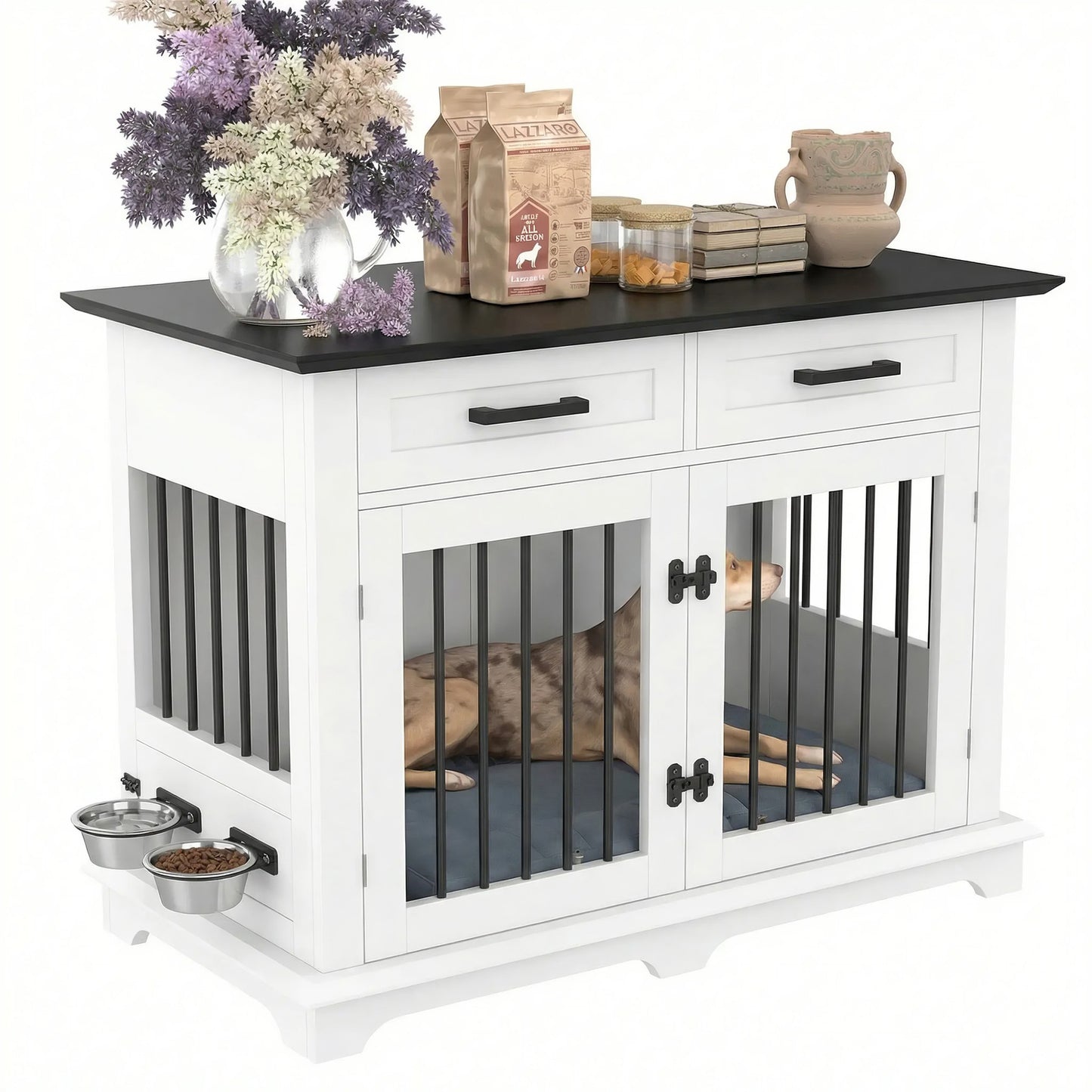 44.48" Large Dog Crate Furniture, Indoor Wooden Dog Kennel End Table with 2 Storage Drawers and Rotating Bowls, Decorative Pet Cage Dog House for Medium Dogs, White and Black image 8