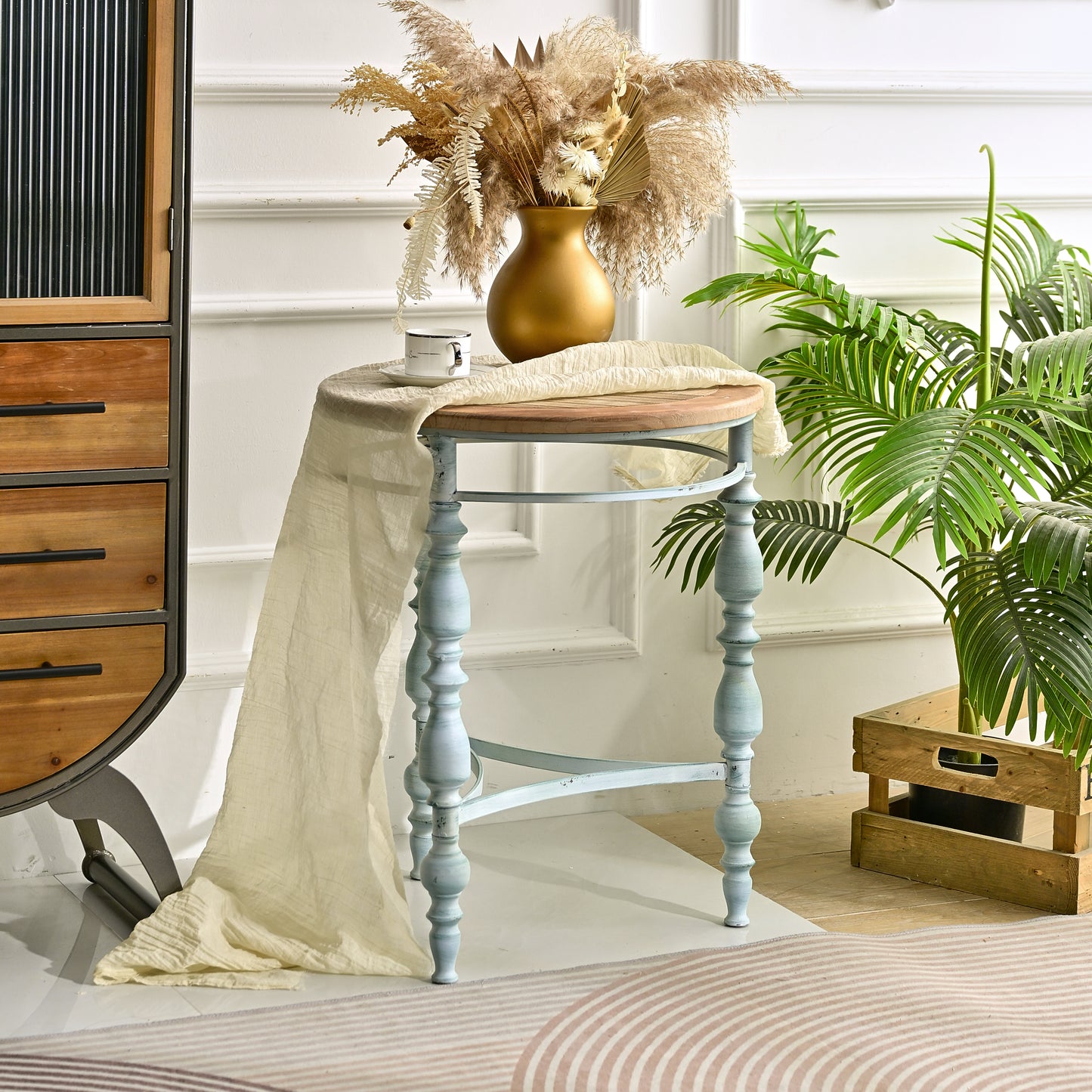 Easy Assembly 20.08" Accent Rustic Wooden Carved Coffee Table, Round Wooden Top Metal Leg Round End Table For Living Room image 2