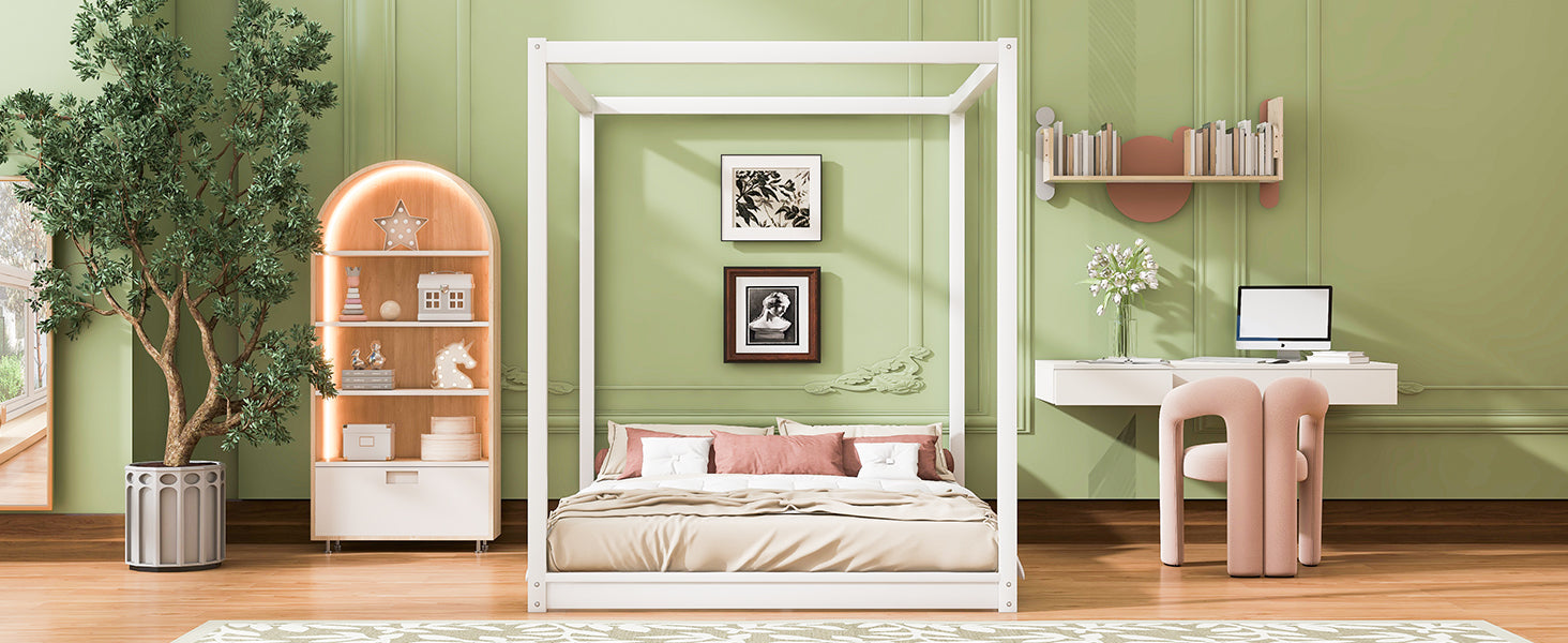 Queen Size Canopy Platform Bed with Support Legs,White image 8