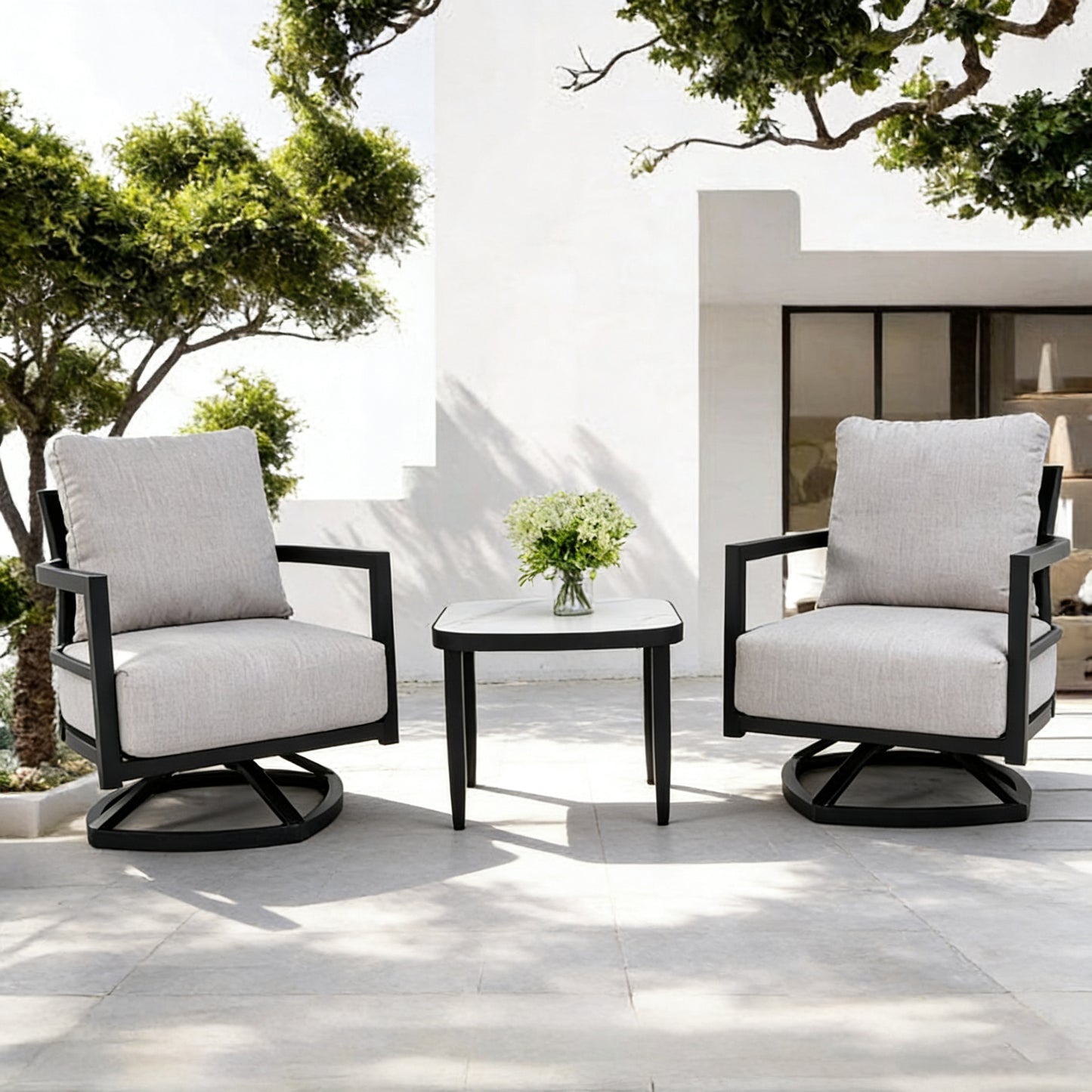 3PC Outdoor Aluminum Patio Furniture,Modern Fully Weld Swivel Lounge Chair Chat Set,Sunbrella Cushions,Elegance Arc 23.6'' Side Table with Greek White Marble-Inspired Sintered Stone Top,Ember Black image 1
