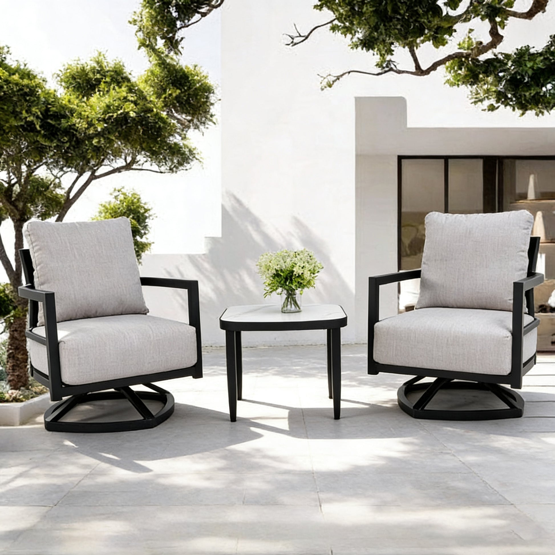 3PC Outdoor Aluminum Patio Furniture,Modern Fully Weld Swivel Lounge Chair Chat Set,Sunbrella Cushions,Elegance Arc 23.6'' Side Table with Greek White Marble-Inspired Sintered Stone Top,Ember Black image 1