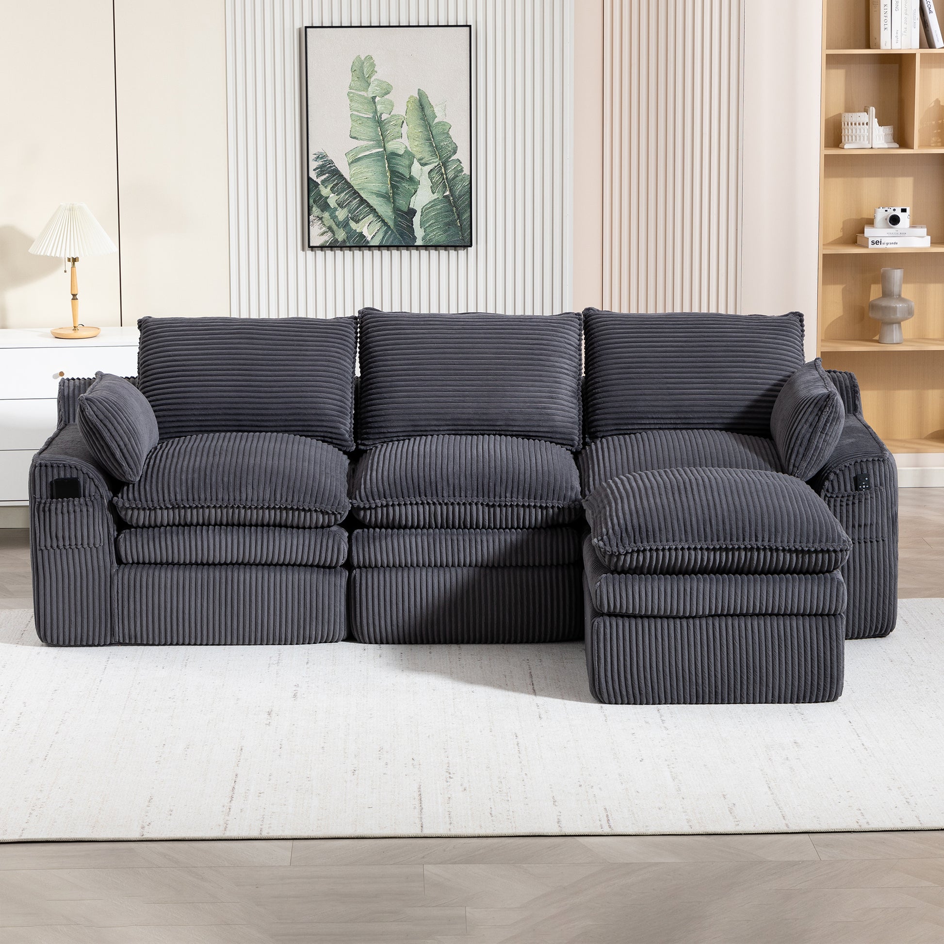 L Shaped Compressed Modular Sectional Sofa Modern Corduroy Upholstered Boneless Couches with Movable Footstool,With Three Pillows and Two Lumbar Pillows,Detachable Cloud Seat Cushions image 9