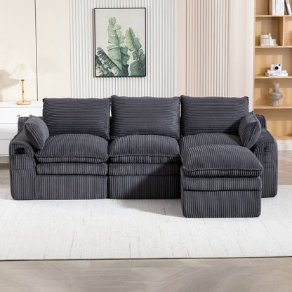 L Shaped Compressed Modular Sectional Sofa Modern Corduroy Upholstered Boneless Couches with Movable Footstool,With Three Pillows and Two Lumbar Pillows,Detachable Cloud Seat Cushions image 9