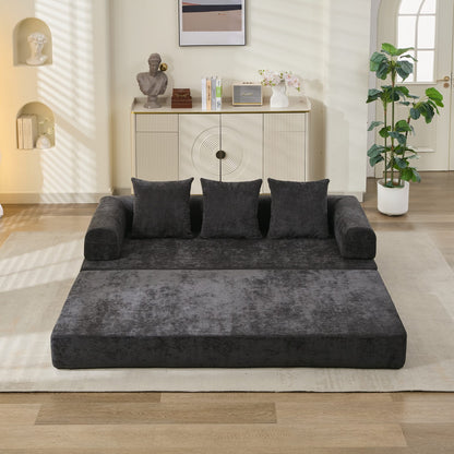 Comfy Convertible Folding Mattress Couch, Floor Sofa Bed, Chenille Floor Sofa with Armrest, Floor Sofa Lounge Couch for Living Room Bedroom Lounge Studio-Black image 9