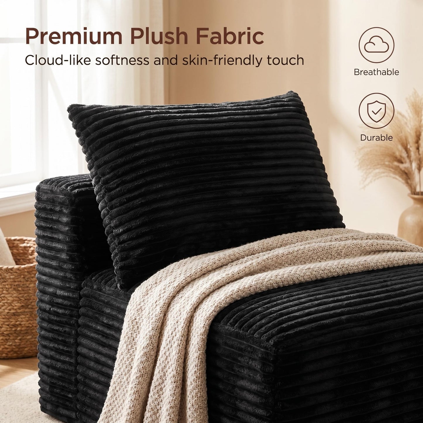 Black Corduroy Modular Compression Sofa, Legless Floor-Hugging Armless Accent Chair for Living Room Bedroom image 7