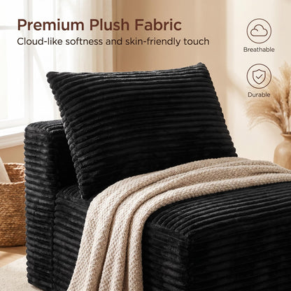 Black Corduroy Modular Compression Sofa, Legless Floor-Hugging Armless Accent Chair for Living Room Bedroom image 7