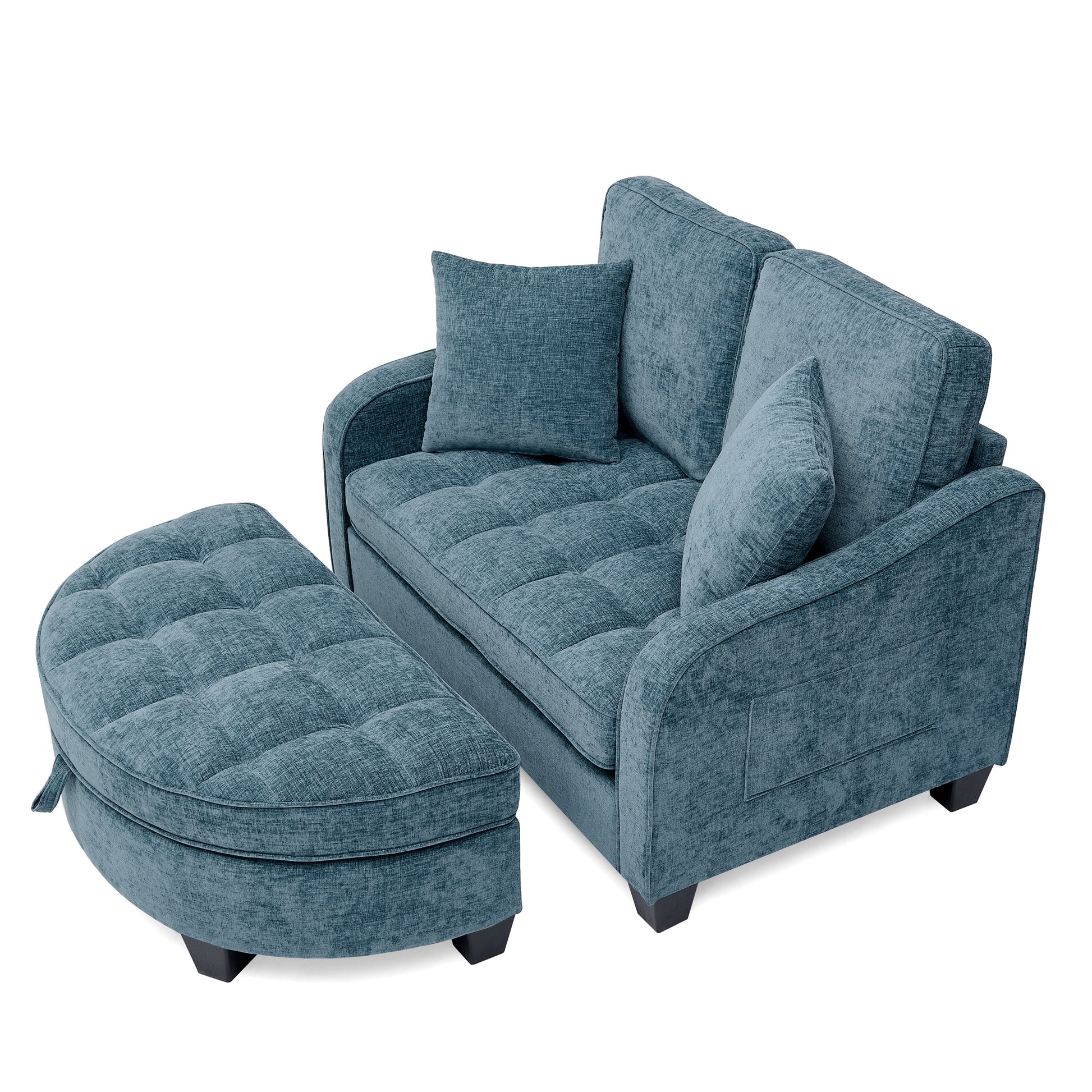 Two-seater sofa, double sofa chaise longue, with irregular armrests and backrests, footrest with storage space, comes with two small throw pillows, suitable for living room and bedroom -Blue image 11