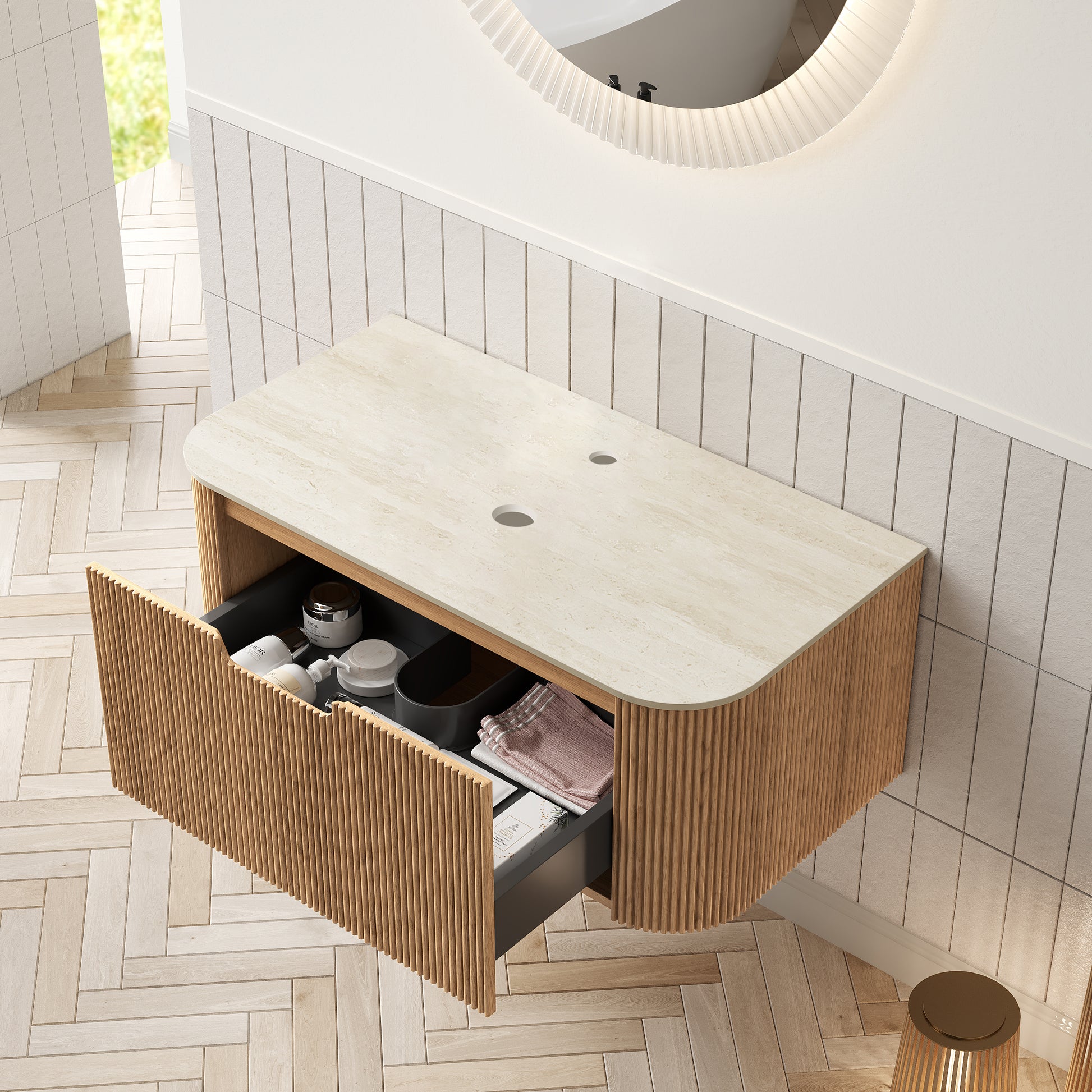 DINA 36'' Wall Mounted Plywood Cabinet with 1 Drawer, Roman travertine Sintered Stone Countertop, NO Basin, NO Faucet and Drain, Natural Woodgrain Color image 3