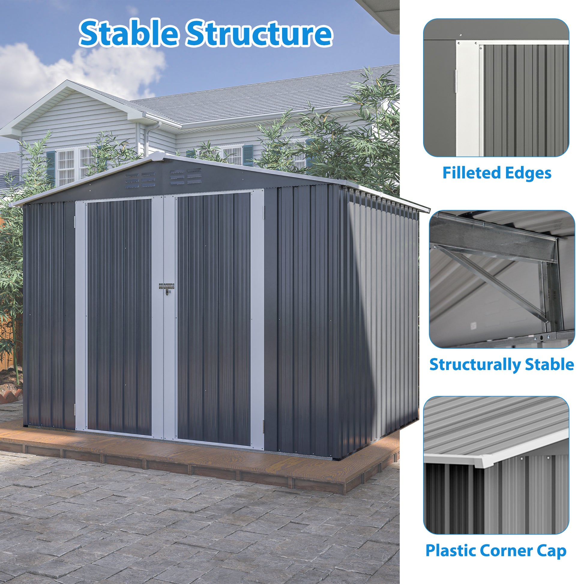 8 x 6 FT Outdoor Waterproof Garden Tool Storage Sheds with Metal Foundation with Floor Frame, Tool Shed with Lockable Hinged Doors & Air Vents, Storage House Waterproof for Backyard, Lawn, Gray image 4