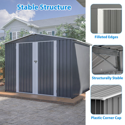 8 x 6 FT Outdoor Waterproof Garden Tool Storage Sheds with Metal Foundation with Floor Frame, Tool Shed with Lockable Hinged Doors & Air Vents, Storage House Waterproof for Backyard, Lawn, Gray image 4