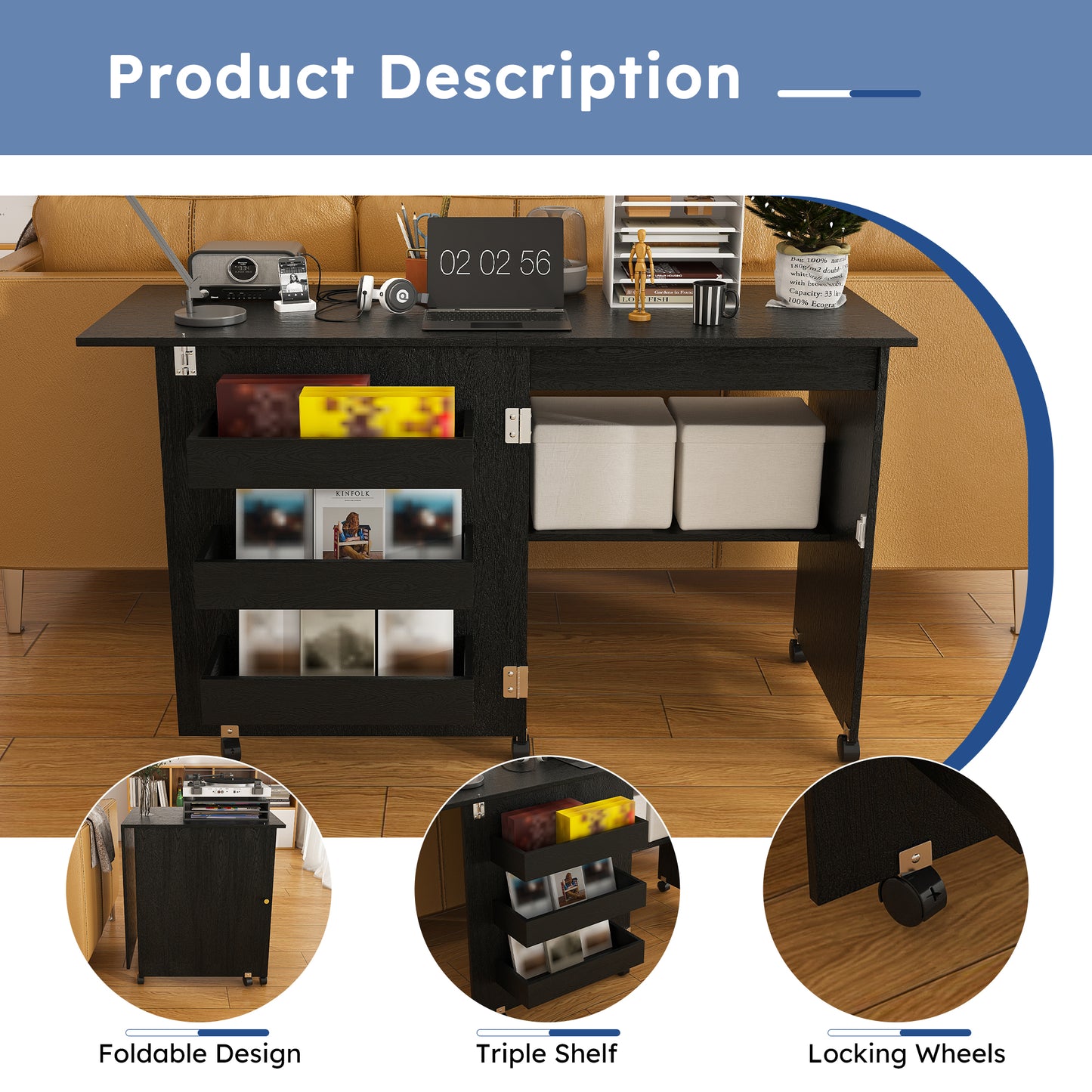 Black 45.67'' 4-in-1 Folding Sewing Table with Lockable Wheels – Multi-Functional Craft Station, End Table, Computer Desk & Kitchen Storage with Shelves, Rolling Sewing Machine Table for Apartments image 4